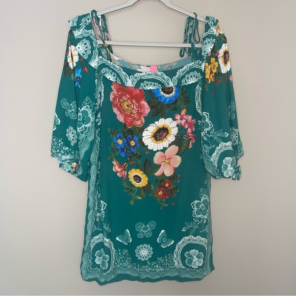 FARM Rio Tops - Farm Rio Scarf Print Multicolor Top M Tie Shoulder Top Puff Off Shoulder Sleeves